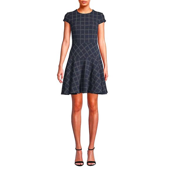 NEW! Eliza J Windowpane Cotton Blend Fit-& Flare Navy blue Dress, size 6 - Picture 2 of 14
